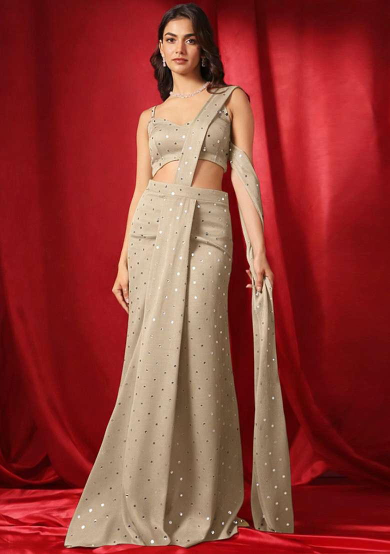 Champagne Gold Mirror Booti Silk Blend Pre Draped Saree Set - Indya