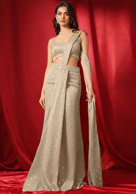 Champagne Gold Mirror Booti Silk Pre Draped Saree Set