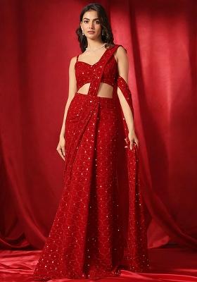 Red Embroidery Georgette Pre Draped Saree Set