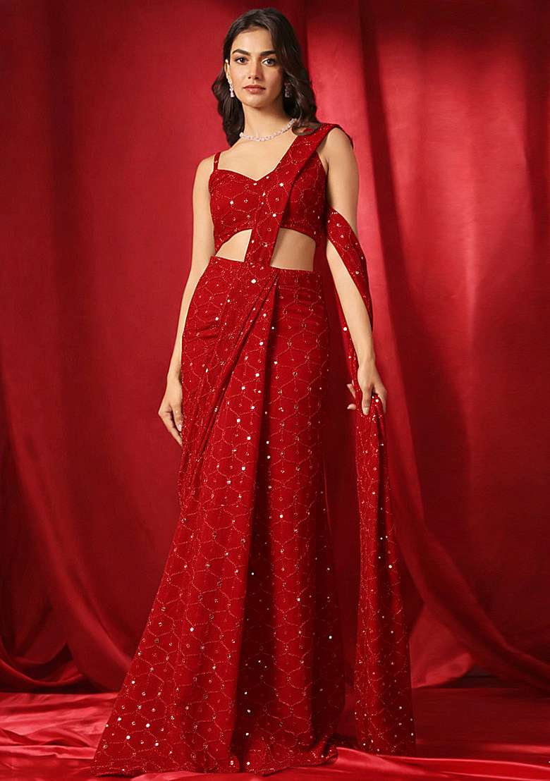 Red Embroidery Georgette Pre Draped Saree Set - Indya