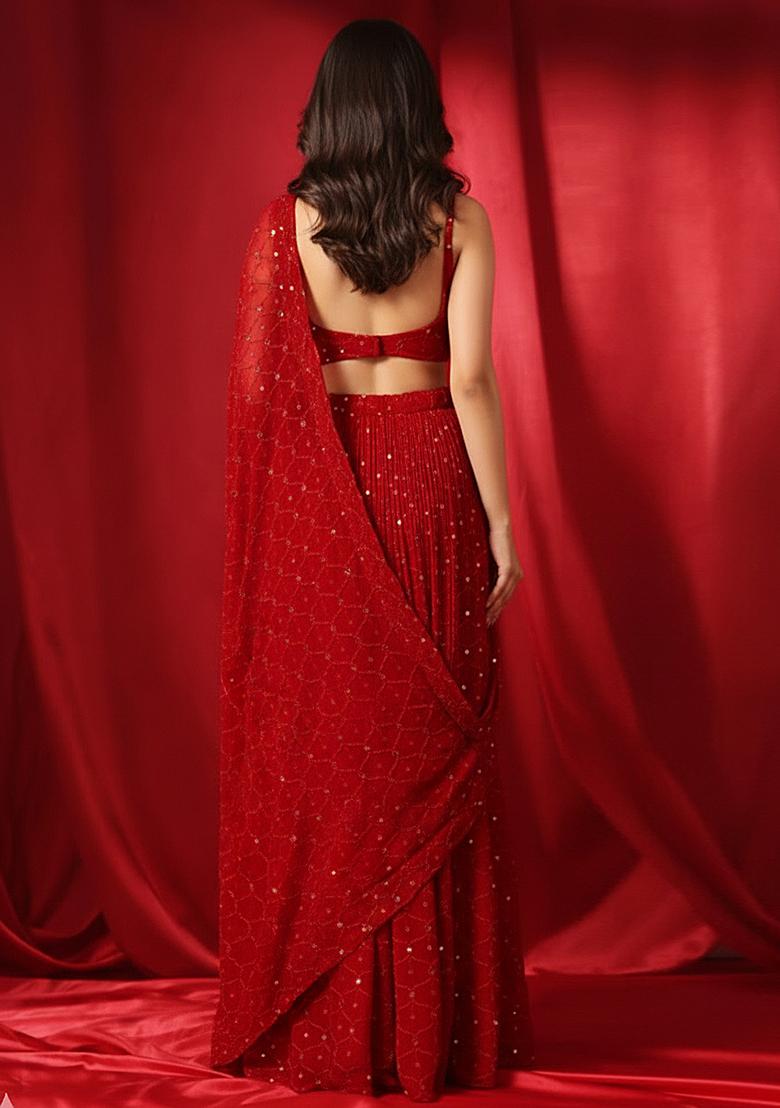 Red Embroidery Georgette Pre Draped Saree Set - Indya