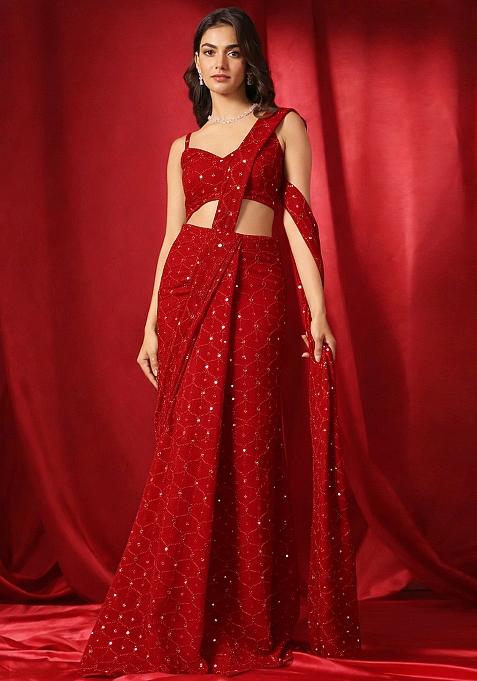 Red Embroidery Georgette Pre Draped Saree Set
