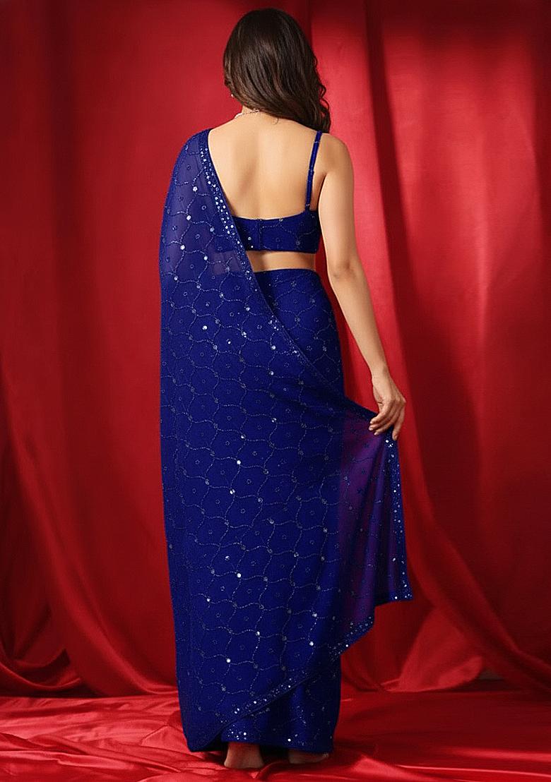 Blue Embroidery Georgette Pre Draped Saree Set - Indya