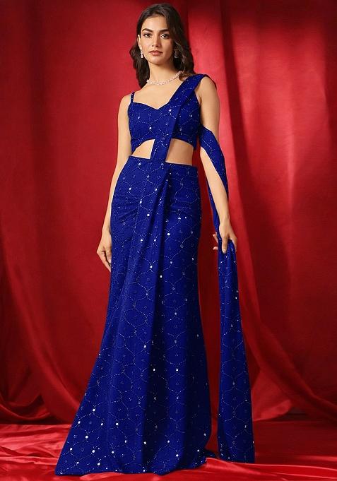 Blue Embroidery Georgette Pre Draped Saree Set