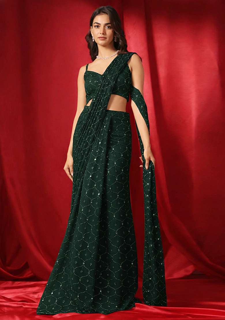 Green Embroidery Georgette Pre Draped Saree Set - Indya