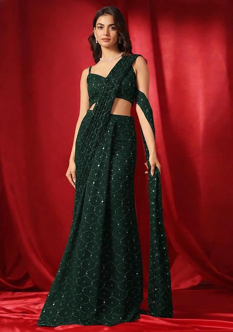 Green Embroidery Georgette Pre Draped Saree Set