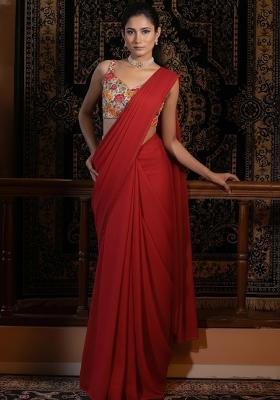 Red Crepe Pre Draped Saree Set With Floral Printed Blouse