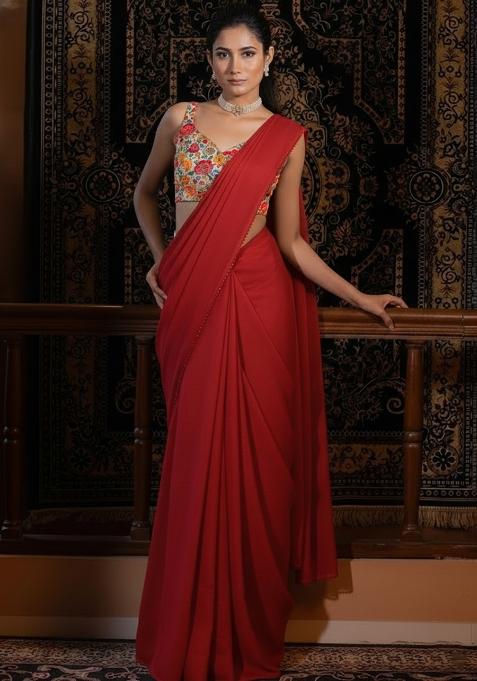 Red Crepe Pre Draped Saree Set With Floral Printed Blouse