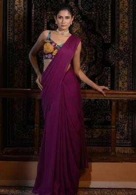 Purple Crepe Pre Draped Saree Set With Floral Printed Blouse