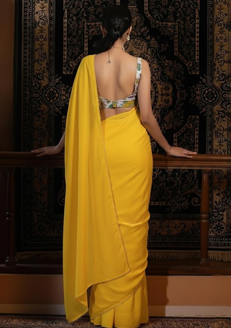 Yellow Crepe Pre Draped Saree Set With Floral Printed Blouse - Indya