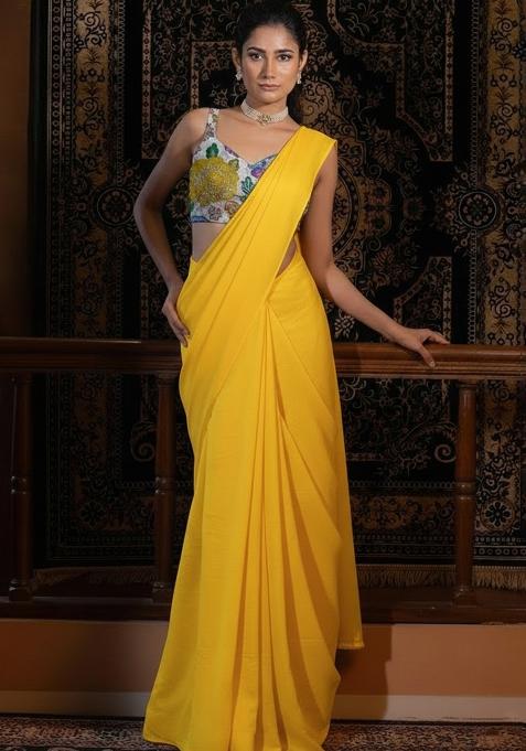Yellow Crepe Pre Draped Saree Set With Floral Printed Blouse