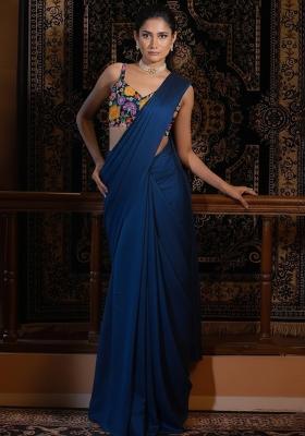 Blue Crepe Pre Draped Saree Set With Floral Printed Blouse