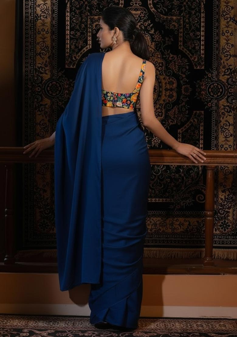 Blue Crepe Pre Draped Saree Set With Floral Printed Blouse - Indya