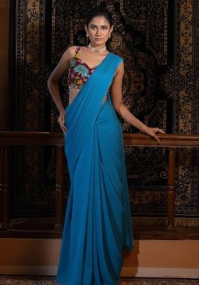 Peacock Blue Crepe Pre Draped Saree Set With Floral Printed Blouse