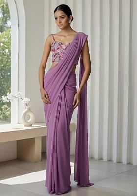 Purple Crepe Pre Draped Saree Set With Floral Printed Blouse