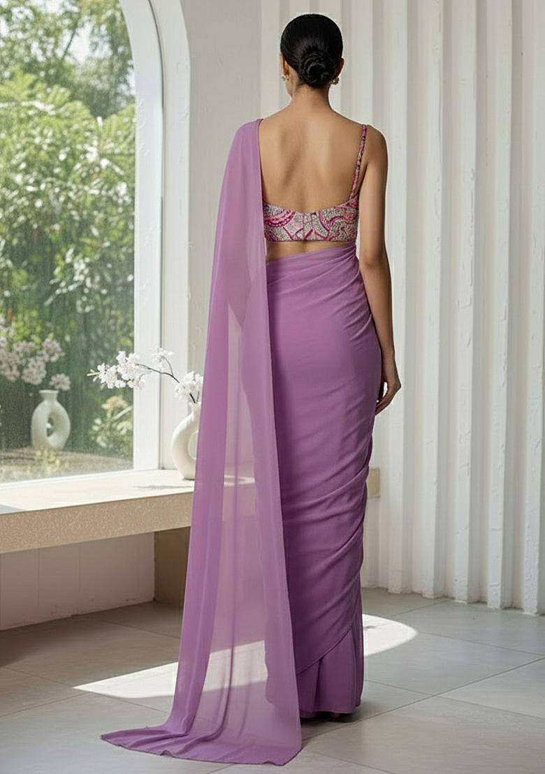 Purple Crepe Pre Draped Saree Set With Floral Printed Blouse - Indya