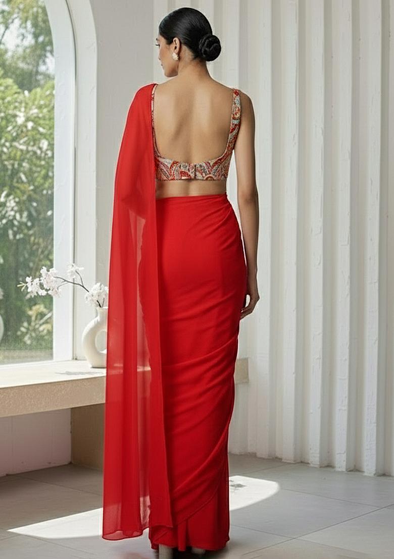 Red Crepe Pre Draped Saree Set With Floral Printed Blouse - Indya