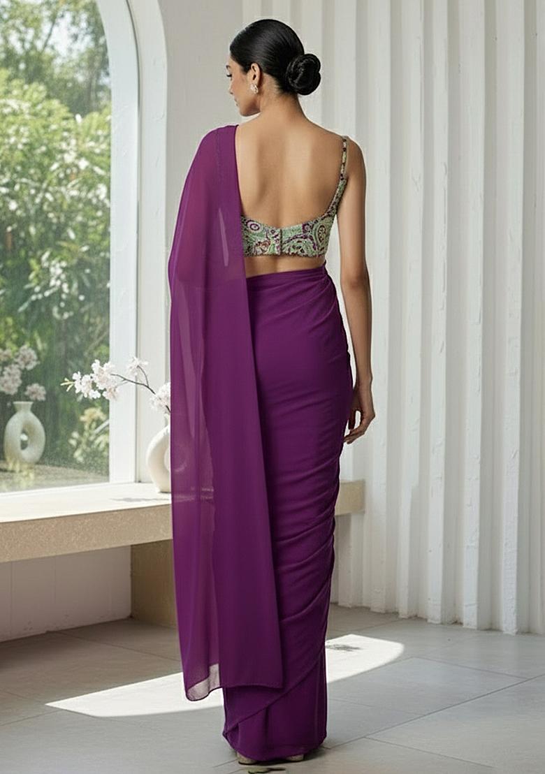 Deep Purple Crepe Pre Draped Saree Set With Floral Printed Blouse - Indya