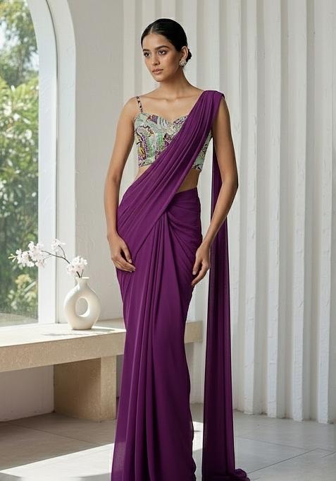Deep Purple Crepe Pre Draped Saree Set With Floral Printed Blouse