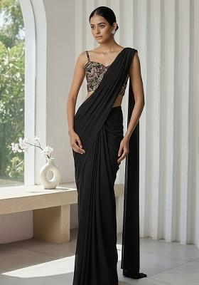 Black Crepe Pre Draped Saree Set With Floral Printed Blouse