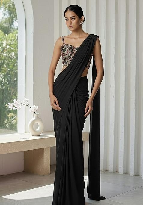 Black Crepe Pre Draped Saree Set With Floral Printed Blouse