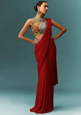 Red Crepe Pre Draped Saree Set With Printed Blouse