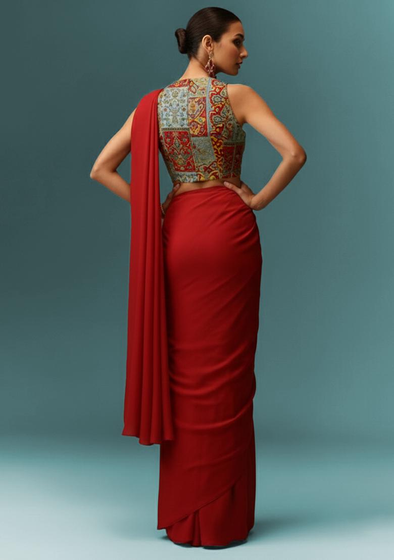 Red Crepe Pre Draped Saree Set With Printed Blouse - Indya