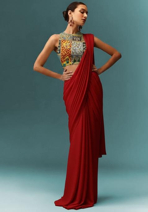 Red Crepe Pre Draped Saree Set With Printed Blouse