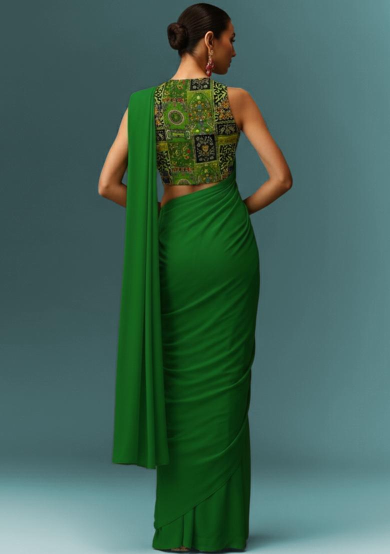 Green Crepe Pre Draped Saree Set With Printed Blouse - Indya
