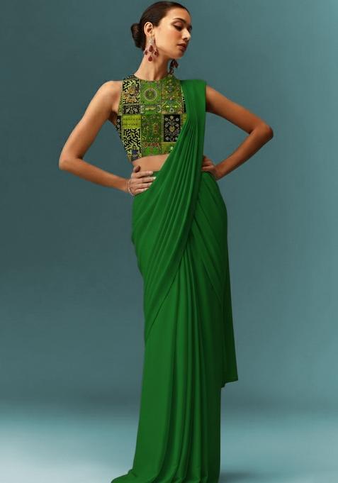 Green Crepe Pre Draped Saree Set With Printed Blouse