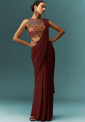 Maroon Crepe Pre Draped Saree Set With Printed Blouse