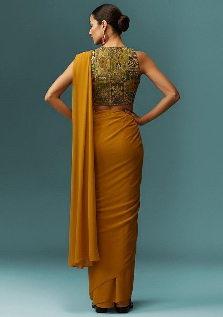 Mustard Crepe Pre Draped Saree Set With Printed Blouse - Indya