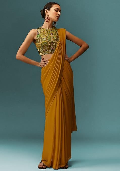 Mustard Crepe Pre Draped Saree Set With Printed Blouse
