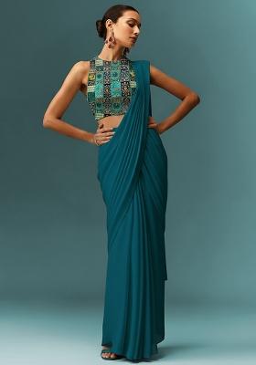 Teal Blue Crepe Pre Draped Saree Set With Printed Blouse
