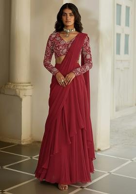 Wine Red Net Pre Draped Saree Set With Embroidered Blouse
