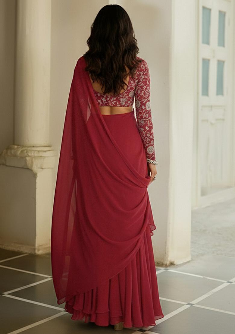Wine Red Net Pre Draped Saree Set With Embroidered Blouse - Indya
