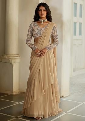 Beige Net Pre Draped Saree Set With Embroidered Blouse