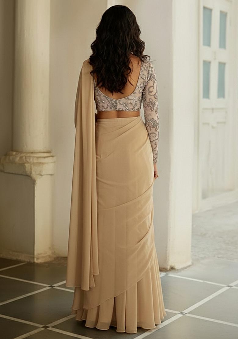 Beige Net Pre Draped Saree Set With Embroidered Blouse - Indya