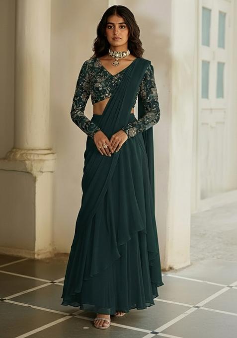 Green Net Pre Draped Saree Set With Embroidered Blouse