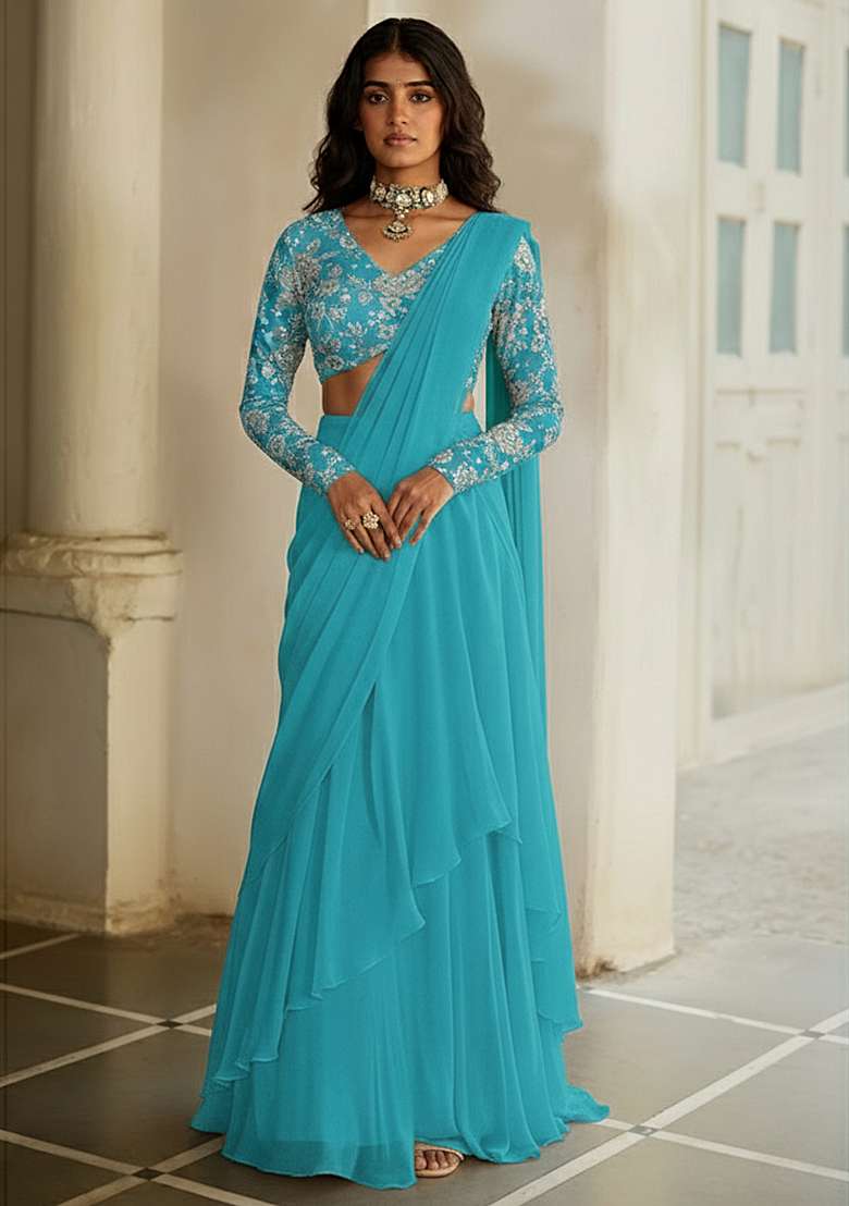 Aqua Teal Tissue Pre Draped Saree Set With Embroidered Blouse - Indya