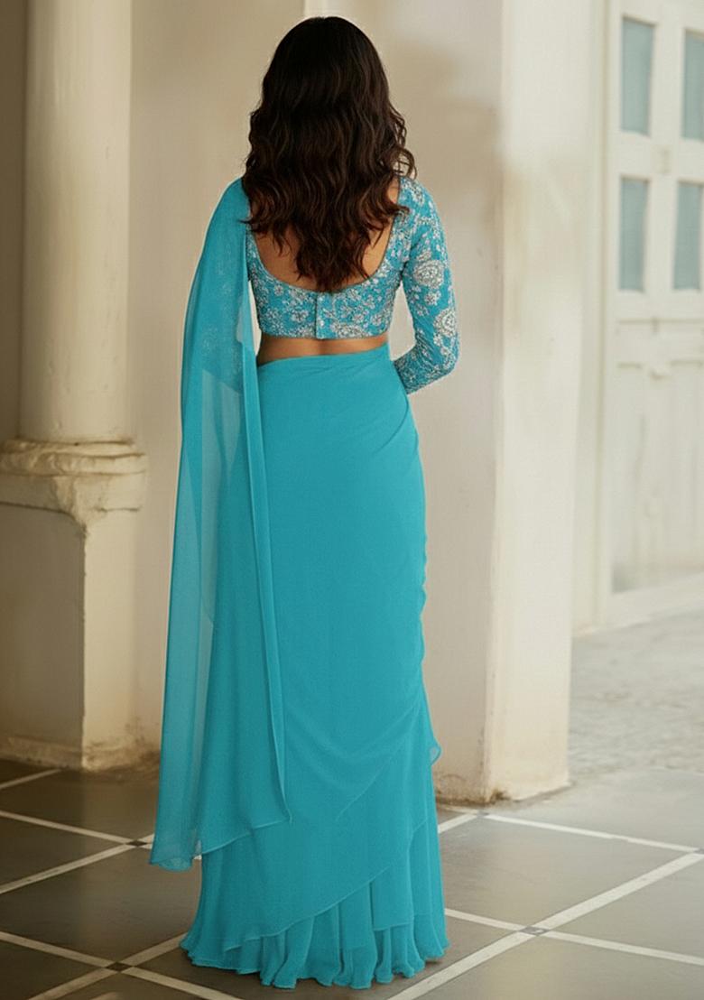 Aqua Teal Tissue Pre Draped Saree Set With Embroidered Blouse - Indya
