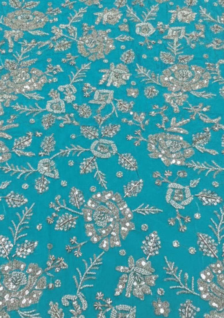 Aqua Teal Tissue Pre Draped Saree Set With Embroidered Blouse - Indya
