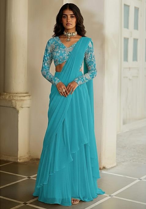 Aqua Teal Tissue Pre Draped Saree Set With Embroidered Blouse