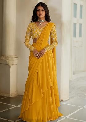 Mustard Yellow Tissue Pre Draped Saree Set With Embroidered Blouse