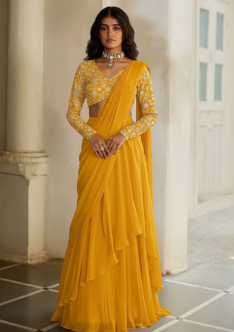 Mustard Yellow Tissue Pre Draped Saree Set With Embroidered Blouse - Indya
