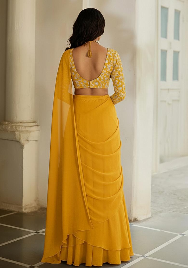 Mustard Yellow Tissue Pre Draped Saree Set With Embroidered Blouse - Indya