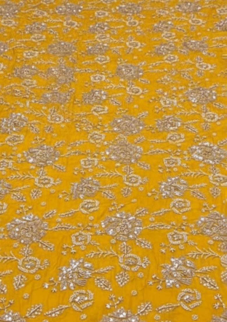Mustard Yellow Tissue Pre Draped Saree Set With Embroidered Blouse - Indya