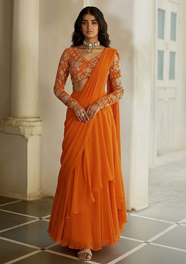 Orange Tissue Pre Draped Saree Set With Embroidered Blouse - Indya