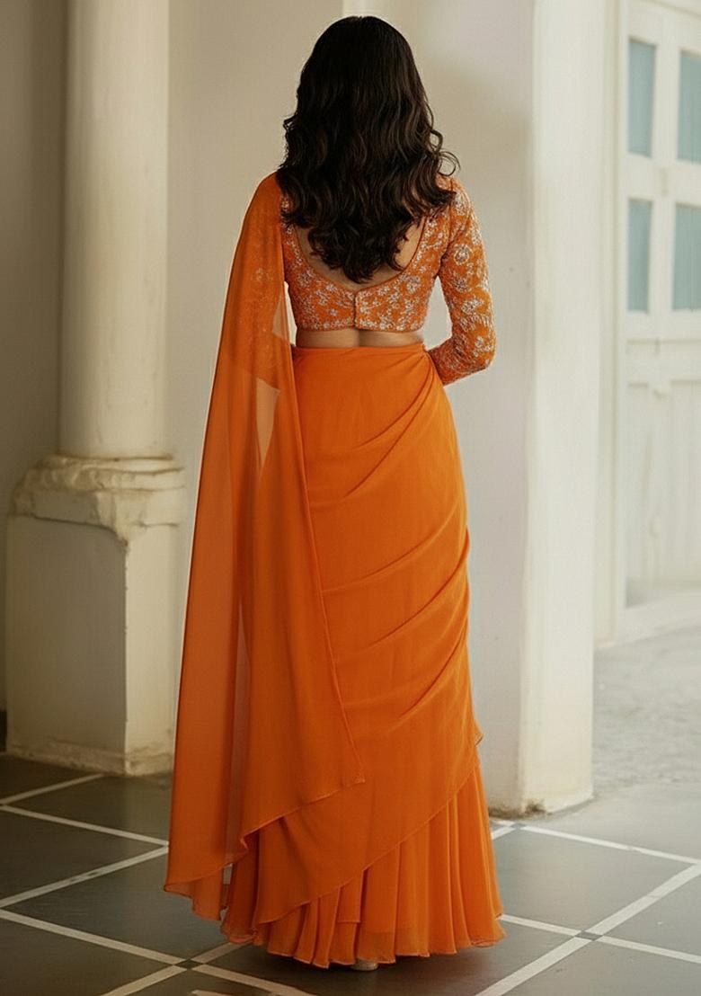 Orange Tissue Pre Draped Saree Set With Embroidered Blouse - Indya