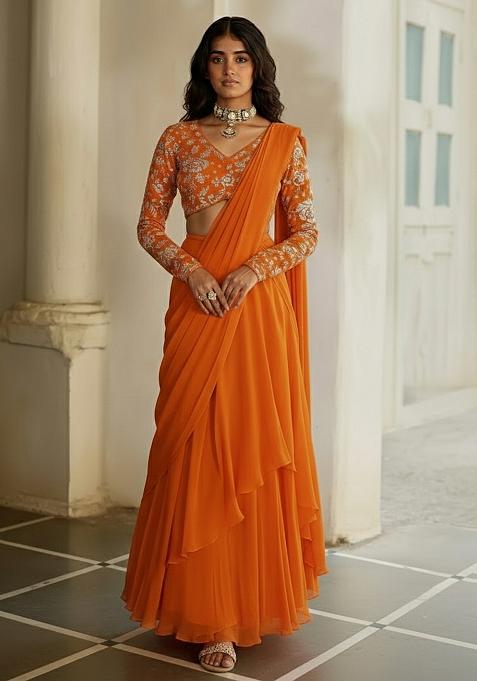 Orange Tissue Pre Draped Saree Set With Embroidered Blouse